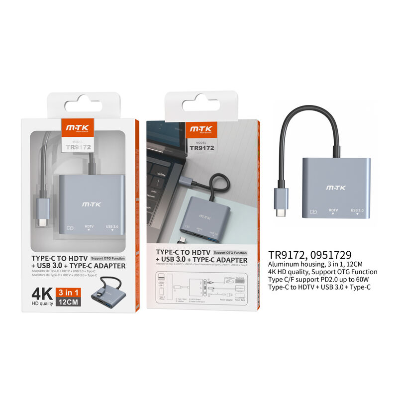 TR9172 GR Cable de Adaptador Type-C Multifuncion OTG , HDMI 4K +USB 3.0+Carga,Gris