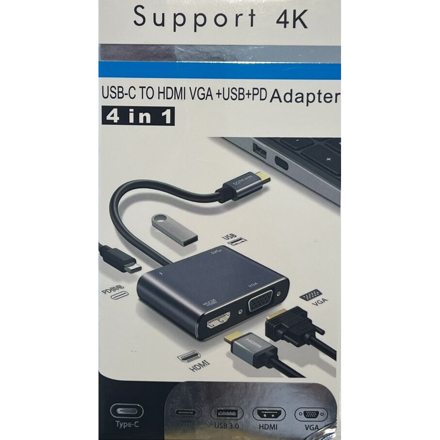 Adaptador 4 EN 1 HDMI + VGA + USB +PD Power 87w Max